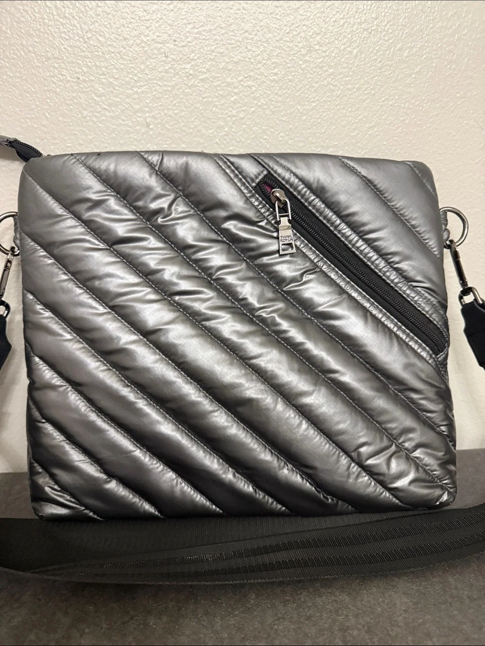 THINK ROYLN Metallic Gray Quilted Messenger Crossbody